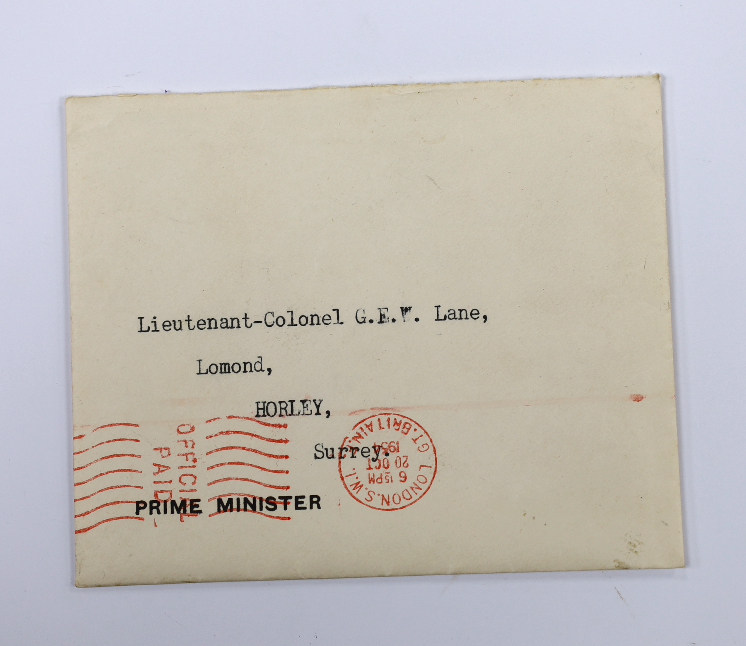 Churchill, Winston Leonard Spencer, (1874-1965) - A typed letter, addressed and signed in black ink, to Lt. Col. G.E.W. Lane: ‘’My dear Colonel Lane, In the pressure of events I have been unable to address myself to your